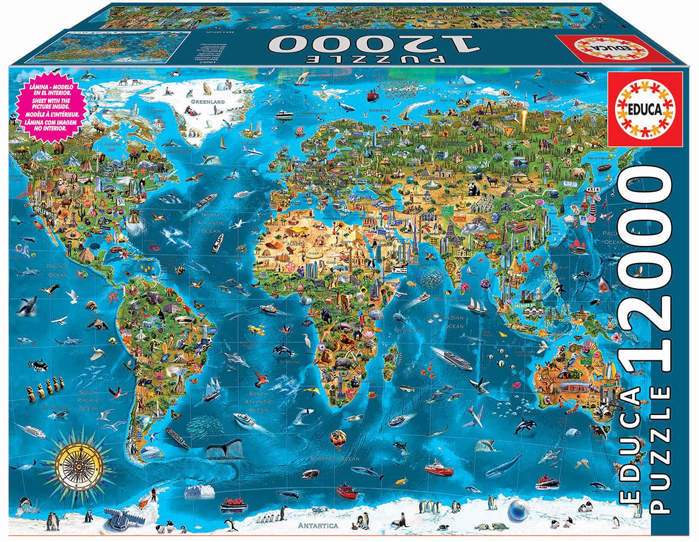 Educa Weltwunder Puzzle 12000 Teile – Weltkarte (19057). Rechteckiges, farbiges Puzzle zur Bildung einer Weltkarte.