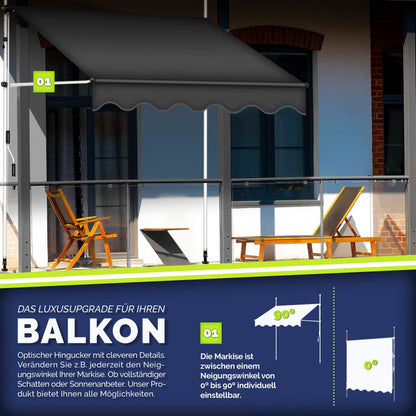 tillvex Klemmmarkise mit Handkurbel, Balkonmarkise Grau 400 cm