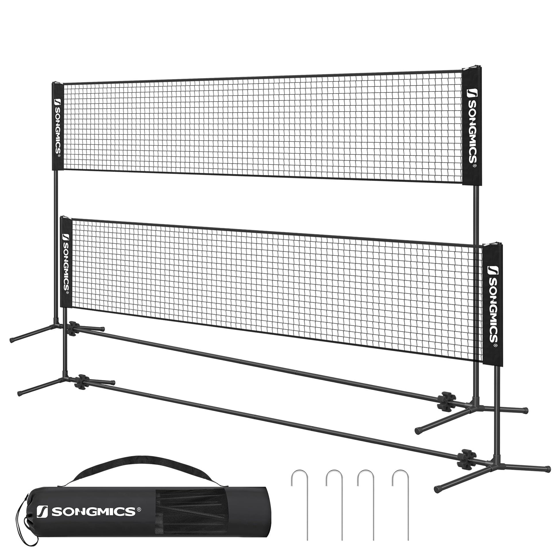 SONGMICS Badmintonnetz, Volleyballnetz, 5 m, höhenverstellbar – schwarzes Netz mit Stangen für Garten und Strand