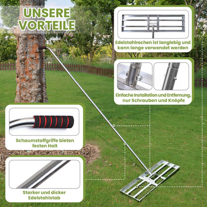 Plutohiker Rasen Nivellierrechen Edelstahl - 72x25 cm Stiel 2.15m