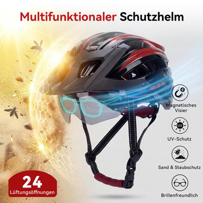 RLQA Fahrradhelm BD030 mit Magnetvisier & LED, Grösse L, Schwarz-Rot