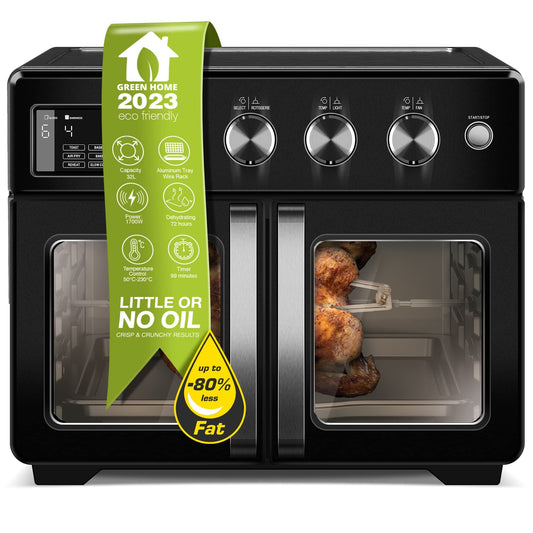 TurboTronic 4in1 Mini Backofen – 32L Heissluftfritteuse Schwarz. Schwarzer 32L Ofen zum Backen, Braten und Heissluftfrittieren.