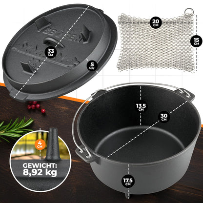 BBQ BEN Dutch Oven Set 9 Liter - eingebrannter Gusseisen Feuertopf