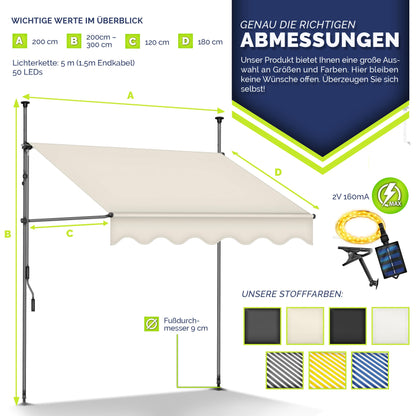 tillvex Klemmmarkise Handkurbel Balkonmarkise – Sand LED 200cm