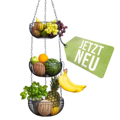 BS Obstkorb hängend – Hängekorb für Obst und Gemüse, schwarz, Eisenkorb mit Kettensystem