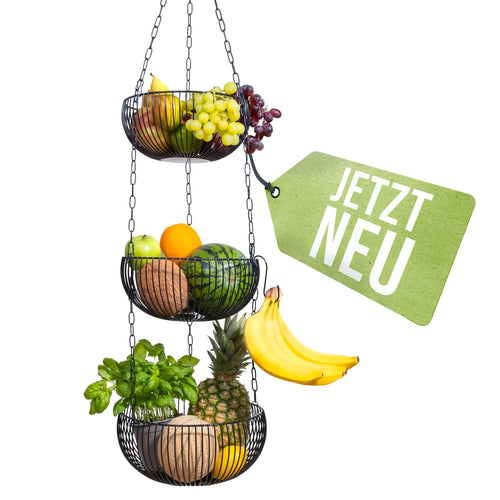 BS Obstkorb hängend – Hängekorb für Obst und Gemüse, schwarz, Eisenkorb mit Kettensystem