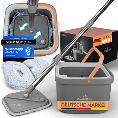 ALANBERG® Wischmopp Set mit Eimer 2-Kammer System – Grau. Graues Set zum Nasswischen von Böden; Eimer trennt Schmutz- und Frischwasser.