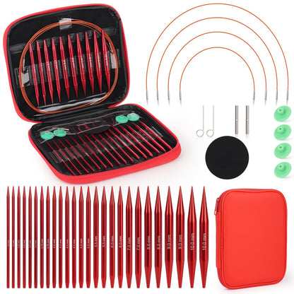 Coopay Rundstricknadeln Set, austauschbar, Aluminium, 3,0-10,0 mm mit roten Nadelspitzen und Aufbewahrungsbox