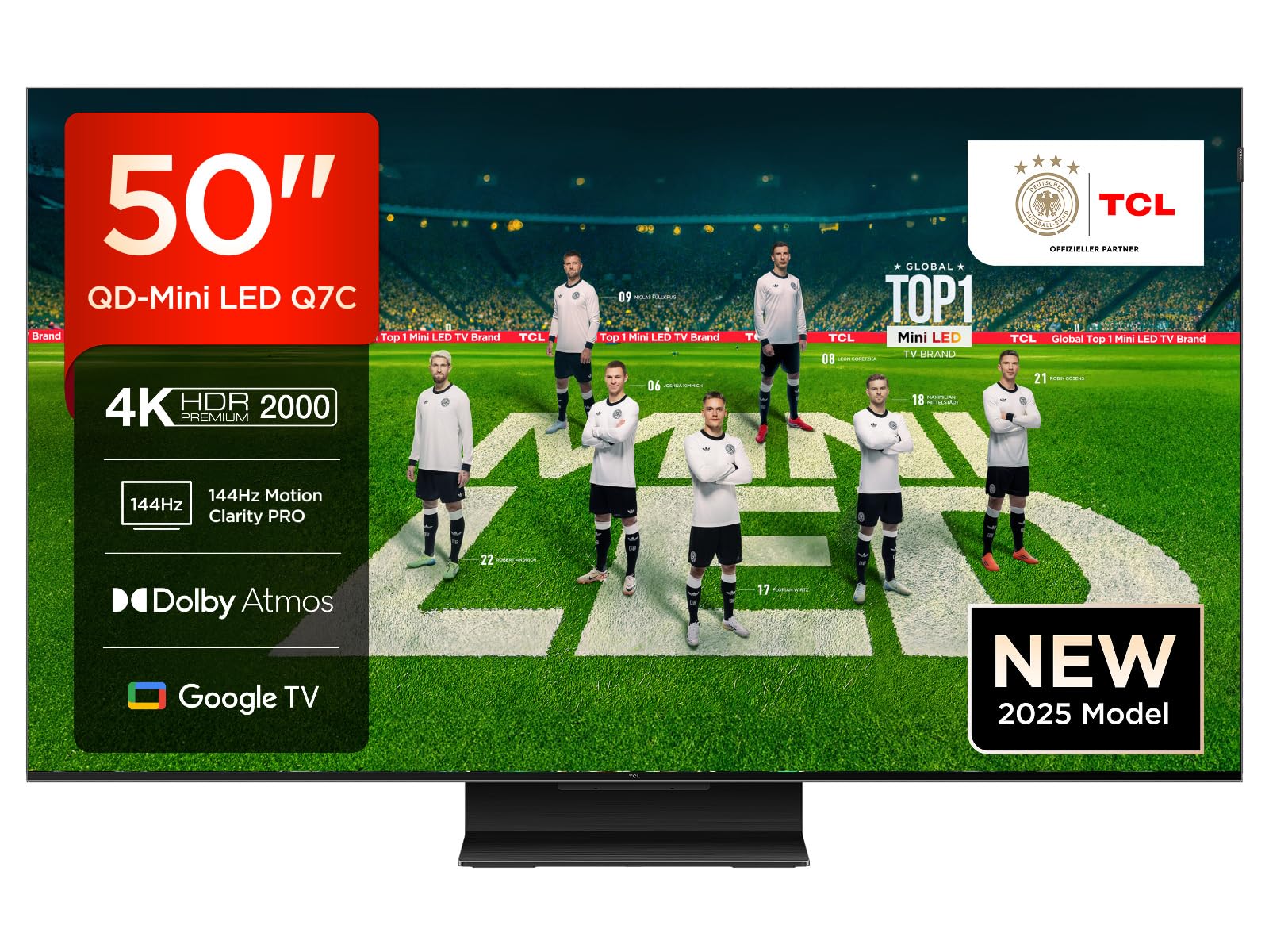TCL 50Q7C QLED Mini LED Fernseher 4K Google TV - 50 Zoll: Rechteckiger, schwarzer Fernseher. Zeigt 4K-Inhalte für Heimkino.