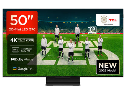 TCL 50Q7C QLED Mini LED Fernseher 4K Google TV - 50 Zoll: Rechteckiger, schwarzer Fernseher. Zeigt 4K-Inhalte für Heimkino.