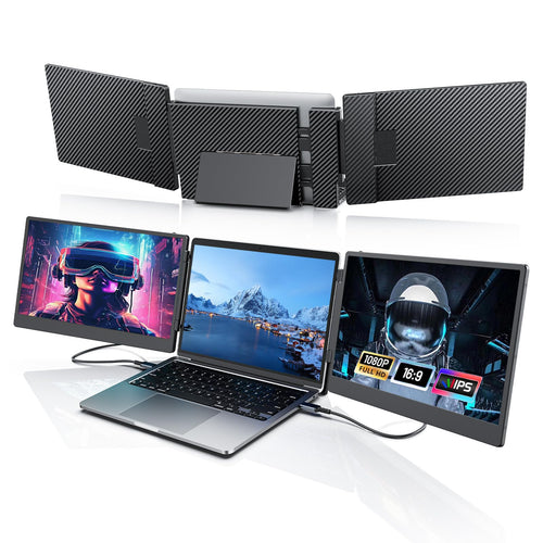 Triple Laptop Screen Extender Tragbarer Monitor – 14'' FHD. Mobiler 14" FHD Dreifach-Bildschirmaufsatz, erweitert den Laptop-Arbeitsbereich.