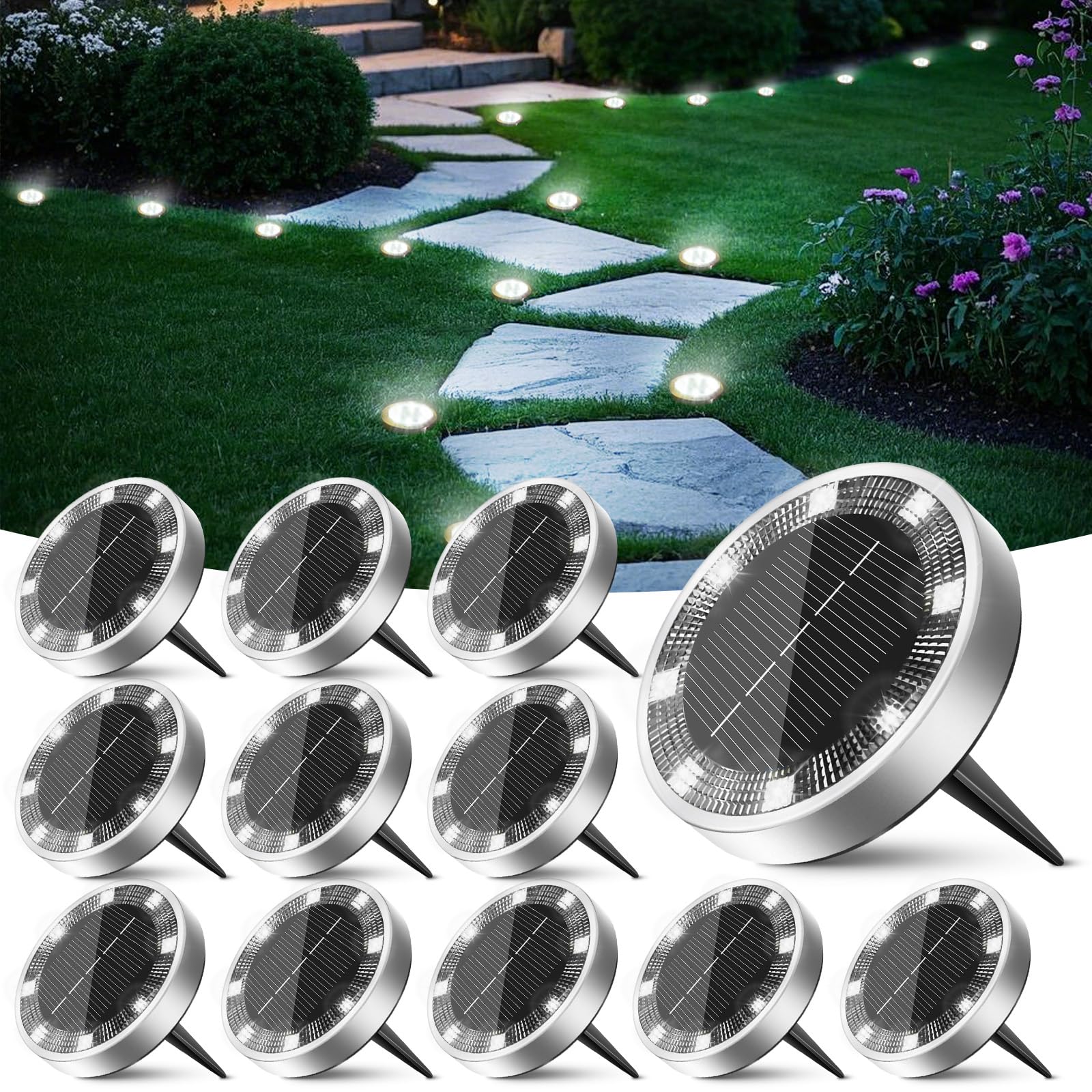 Peasur Solar Bodenleuchten Aussen, 12 Stück, 8 LED, kaltweiss – Gehäuse aus Edelstahl und Kunststoff, wetterfest