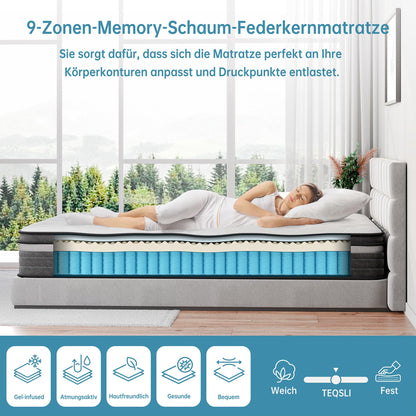 TeQsli Taschenfederkernmatratze 140x200 cm H3 mit Gel-Memory-Schaum