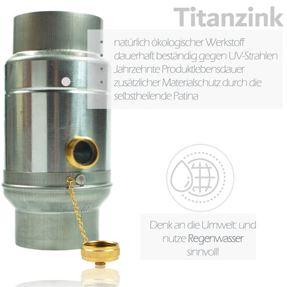 Titanzink Regensammler für Fallrohr - 100 mm mit Fassanschluss
