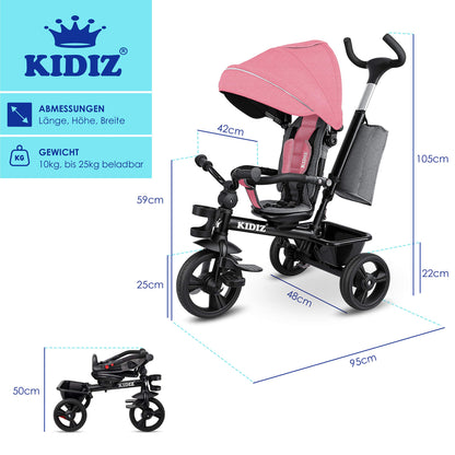 KIDIZ 6in1 Kinderdreirad mit Schubstange – Rosa, Klappbar