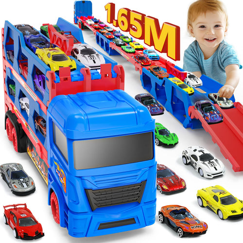 Maysida Transport Truck mit 165 cm Rennbahn und 10 Spielzeugautos als faltbarer Autotransporter