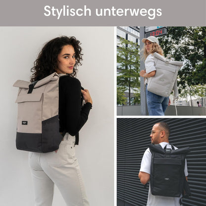 LARKSON No 4 Rolltop Rucksack mit Laptopfach, beige-grau