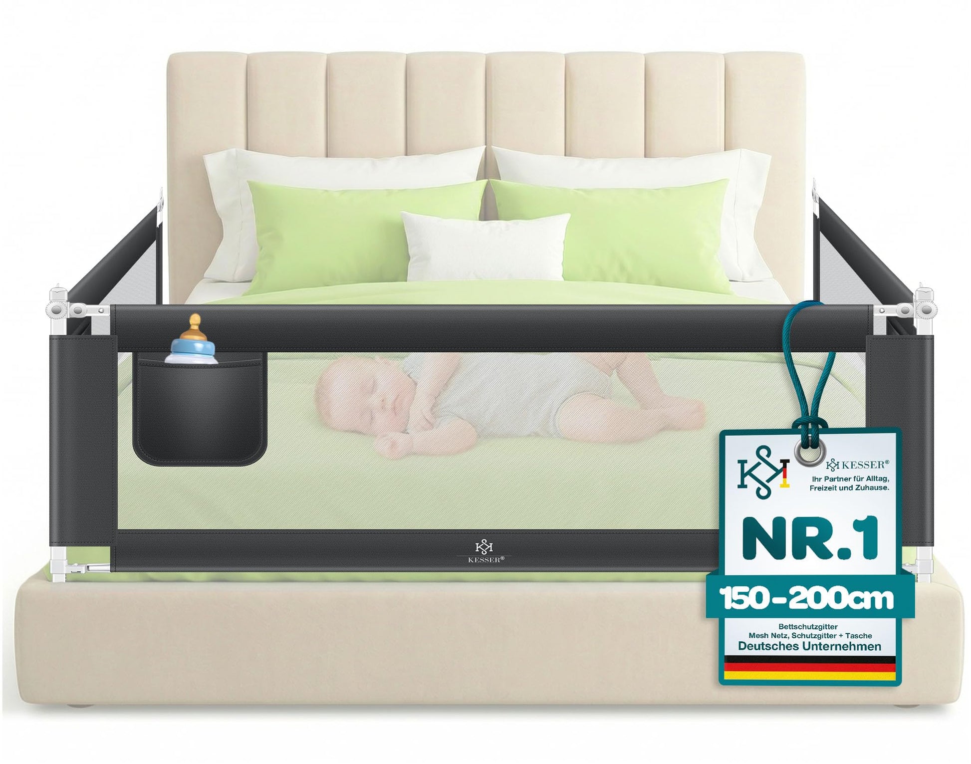 KESSER Bettschutzgitter 200 cm Rausfallschutz, klappbar, Dunkelgrau – mit Mesh-Gewebe und Tasche