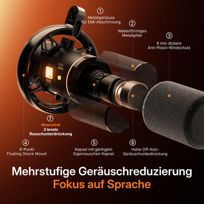 MAONO PD200W Hybrid Wireless Podcast Mikrofon mit Arm, USB und XLR