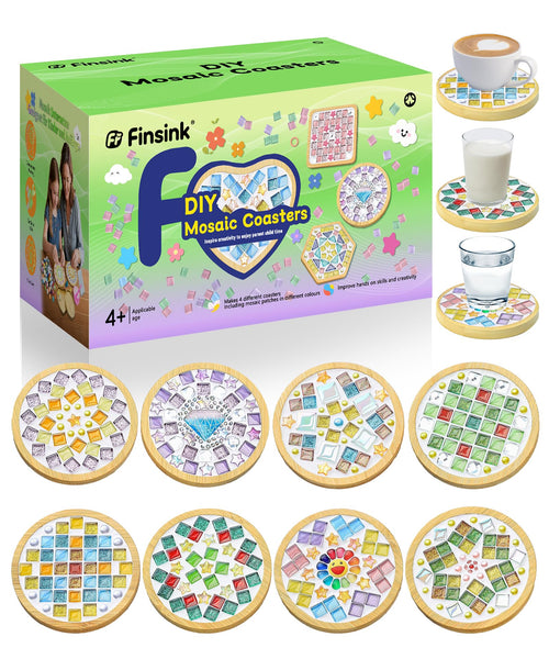 Finsink Mosaik Bastelset Kinder, DIY Untersetzer aus Holz und Glas, bunte Glas-Mosaiksteine auf Holzuntersetzern