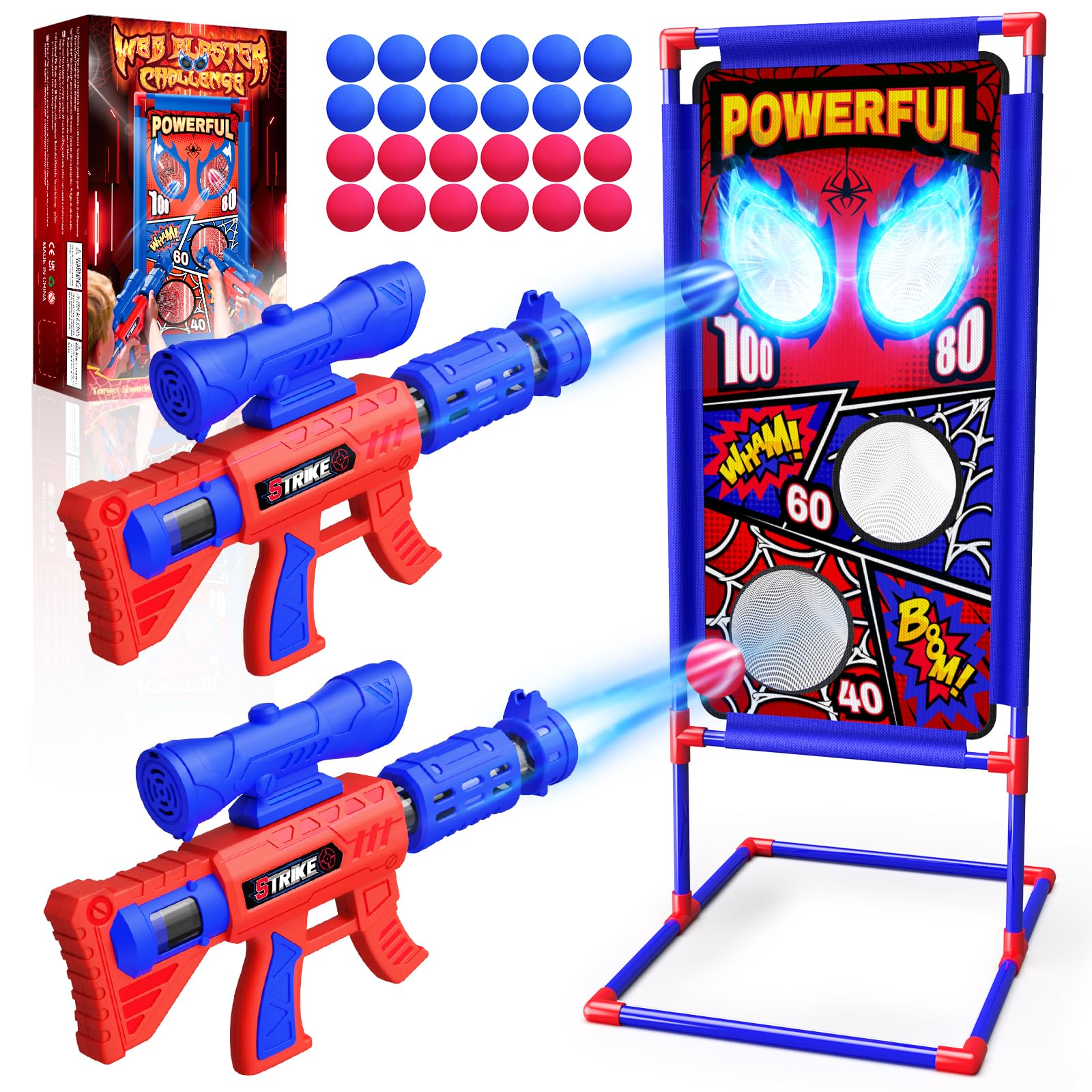 Mirthigig Schiesspiel Set, 2 Pump-Blaster und 24 Schaumstoffbälle, rot-blaues Design, Zielscheibe