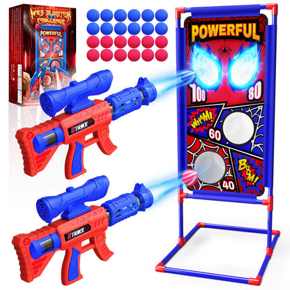 Mirthigig Schiesspiel Set, 2 Pump-Blaster und 24 Schaumstoffbälle, rot-blaues Design, Zielscheibe