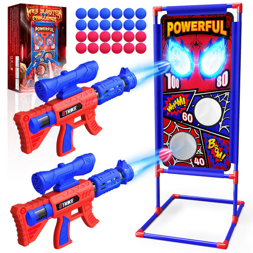 Mirthigig Schiesspiel Set, 2 Pump-Blaster und 24 Schaumstoffbälle, rot-blaues Design, Zielscheibe