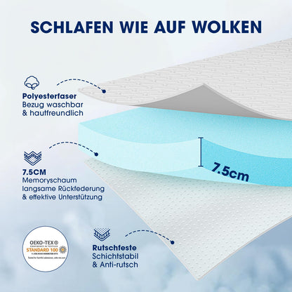 DOPEDIO 7,5cm Gel Memory Foam Matratzen Topper 90x200cm Weiss