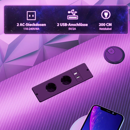 ODK Gaming Schreibtisch 100cm – LED, Steckdosen, Carbon Schwarz