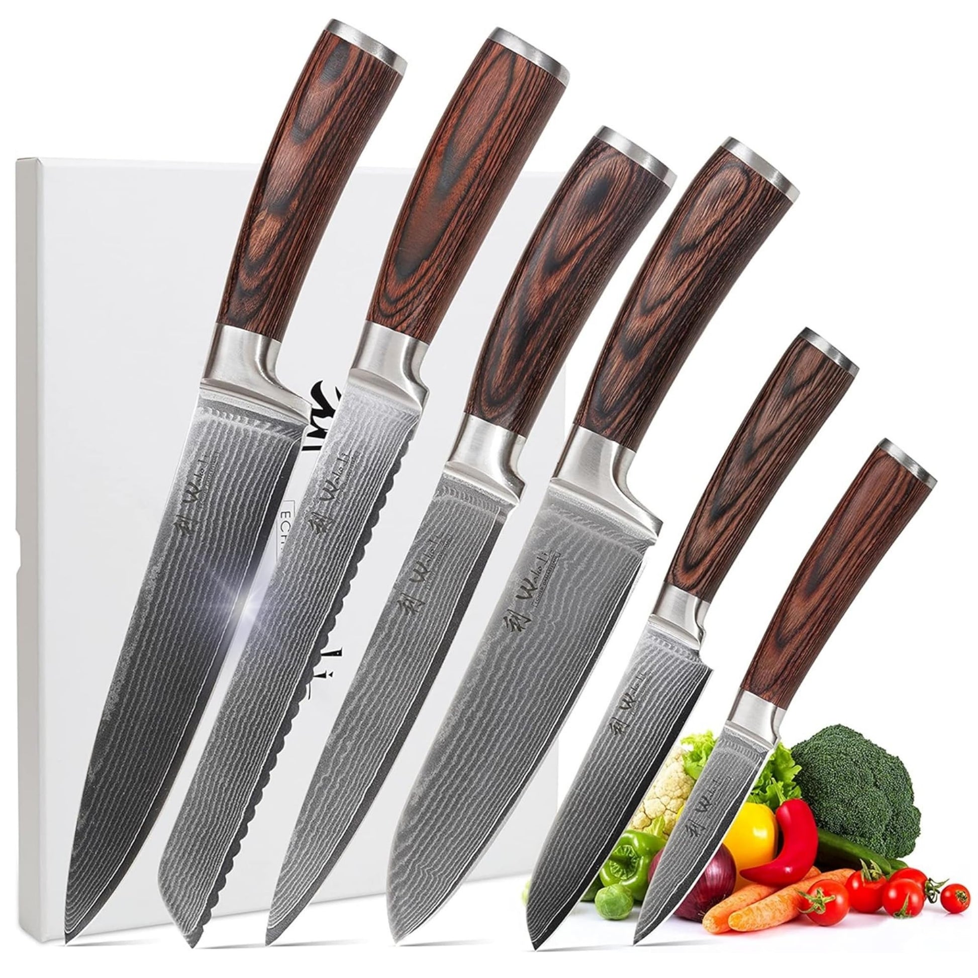 Wakoli EDIB Damastmesser-Set 6-teilig Kochmesser. Sechs Klingen mit Damastmuster zum Zerteilen von Lebensmitteln.