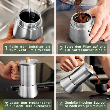 WALDWERK Espressokocher 300 ml, Edelstahl mit Eichenholzgriff