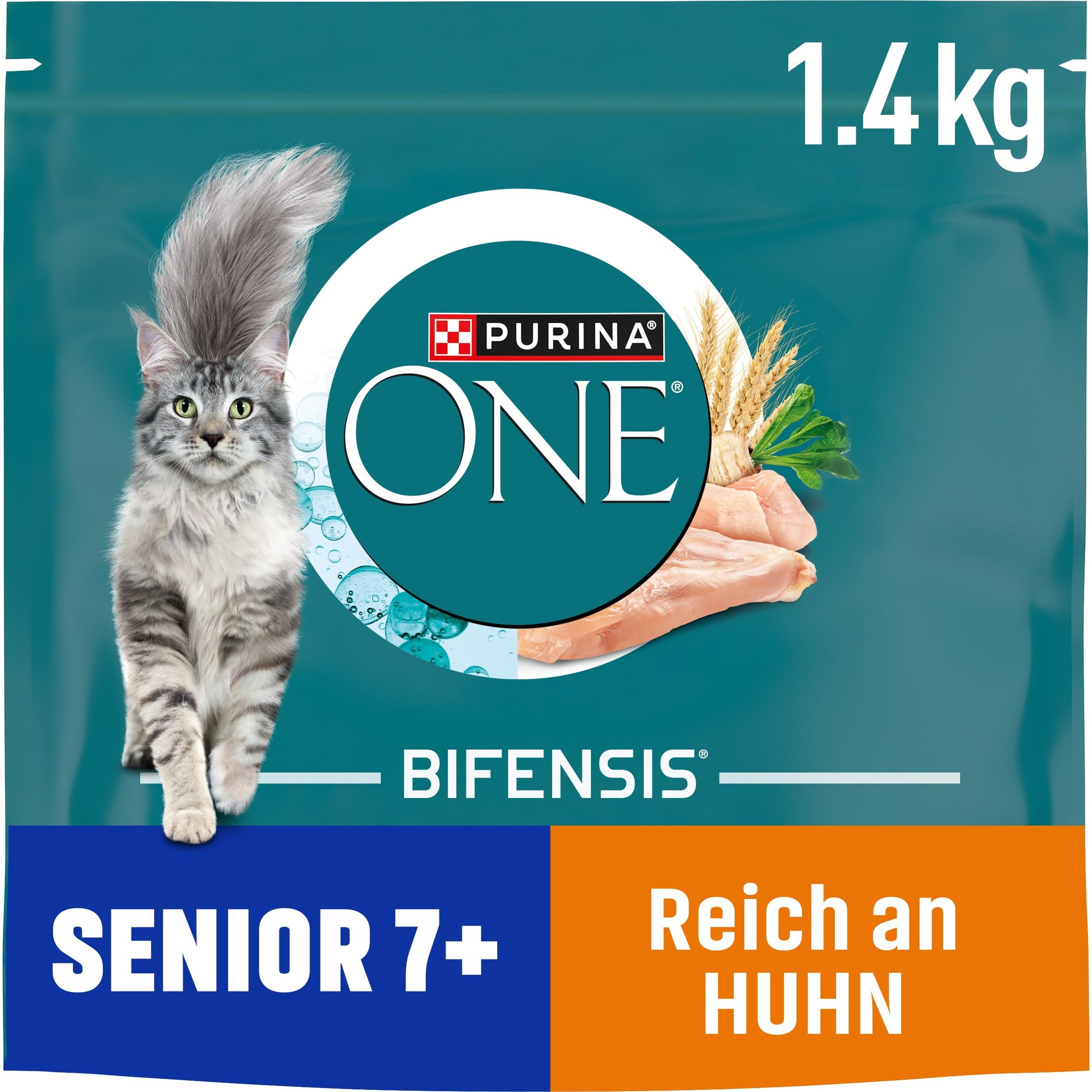 PURINA ONE BIFENSIS Senior 7+ Trockenkatzenfutter Huhn, 6 x 1,4 kg, Kroketten im wiederverschliessbaren Beutel