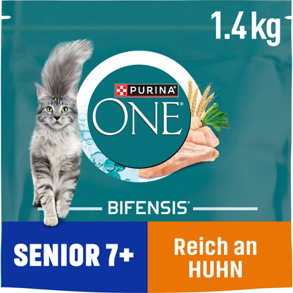 PURINA ONE BIFENSIS Senior 7+ Trockenkatzenfutter Huhn, 6 x 1,4 kg, Kroketten im wiederverschliessbaren Beutel