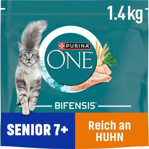 PURINA ONE BIFENSIS Senior 7+ Trockenkatzenfutter Huhn, 6 x 1,4 kg, Kroketten im wiederverschliessbaren Beutel