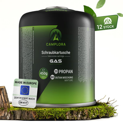 CAMPLORA 12x 450g Schraubkartuschen Propan Butan Weber Q100/1000: Zylindrische Kartuschen für Weber Q100/1000 Gasgrills.