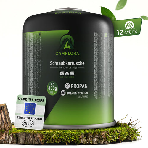 CAMPLORA 12x 450g Schraubkartuschen Propan Butan Weber Q100/1000: Zylindrische Kartuschen für Weber Q100/1000 Gasgrills.