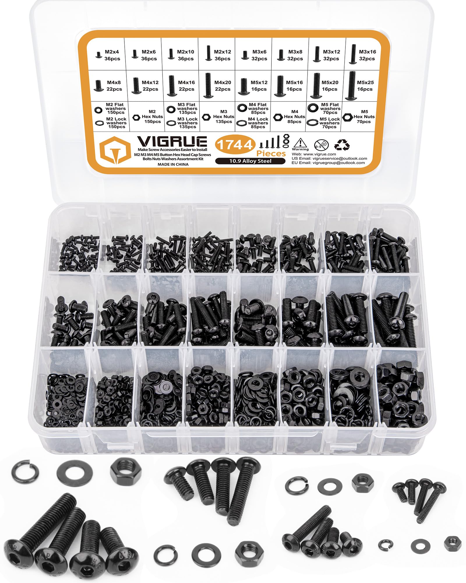 VIGRUE Schrauben Set M2 M3 M4 M5 mit Muttern, 1744-teilig, schwarzer Kohlenstoffstahl, Unterlegscheiben, Sortimentskasten
