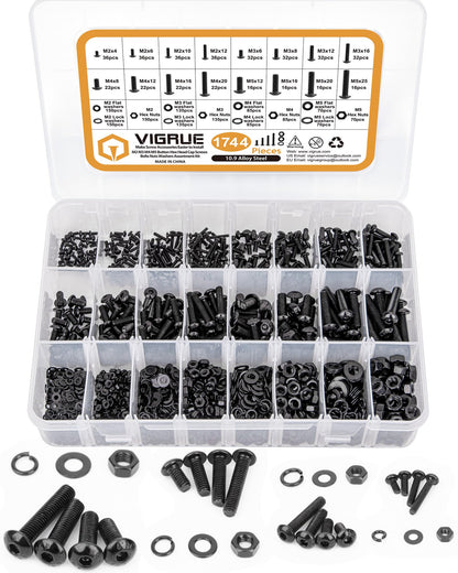 VIGRUE Schrauben Set M2 M3 M4 M5 mit Muttern, 1744-teilig, schwarzer Kohlenstoffstahl, Unterlegscheiben, Sortimentskasten