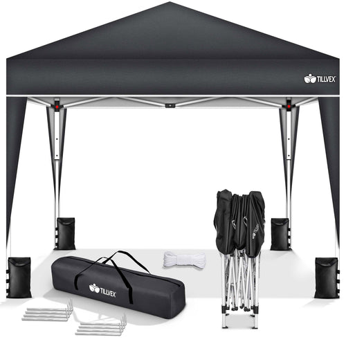 tillvex Pavillon 3x3 m wasserdicht mit 4 Sandsäcken, Anthrazit, Stahlgestell und Polyesterdach