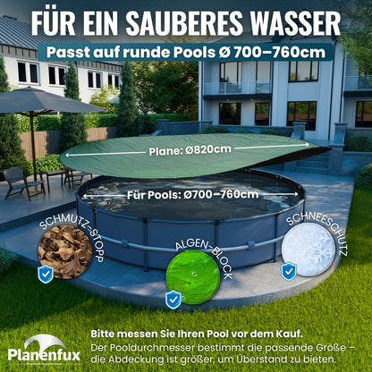 Planenfux® Poolabdeckung rund Ø 700 cm – Solarplane 2-in-1 Ø 820 cm