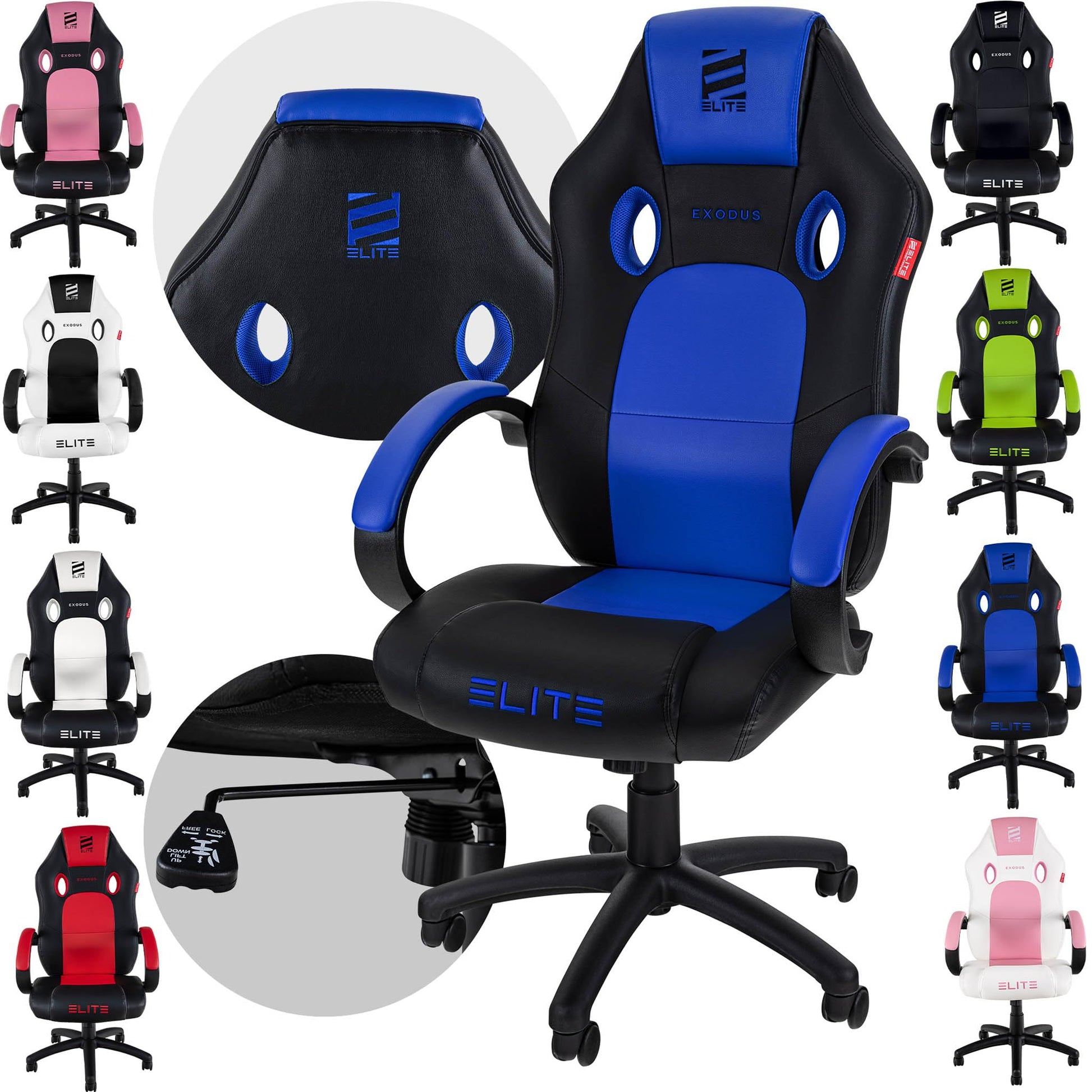 ELITE MG100 Exodus Ergonomischer Racing Gaming Stuhl - Schwarz/Blau. Schwarz-blauer Rennsitz-Stuhl für ergonomische Unterstützung bei langen Spielsitzungen.