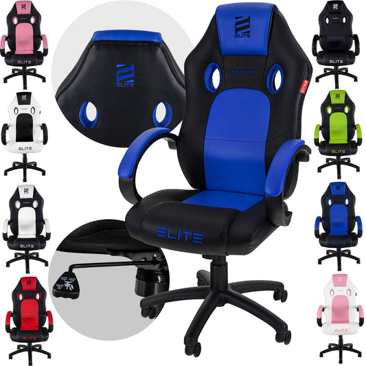 ELITE MG100 Exodus Ergonomischer Racing Gaming Stuhl - Schwarz/Blau. Schwarz-blauer Rennsitz-Stuhl für ergonomische Unterstützung bei langen Spielsitzungen.