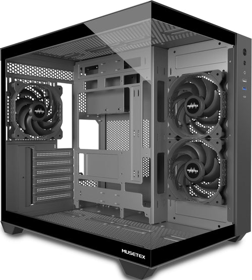 MUSETEX Y6 Gaming PC Gehäuse ATX Tempered Glass - Schwarz. Zum Aufbau eines Gaming-PCs mit sichtbarer Hardware.