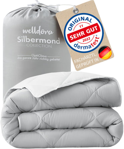 Welldora OPTICLIMA Allergiker Bettdecke 135x200 cm Ganzjahresdecke, Steppdecke in Silbergrau-Weiss