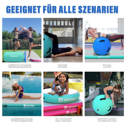 AKSPORT Airtrack 3m aufblasbare Turnmatte mit Air Roll und Luftpumpe
