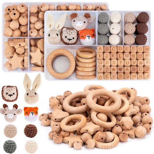 packra Holzperlen Set 322 Stück, Buchenholzperlen mit Loch zum Basteln, naturfarben, mit Holzringen