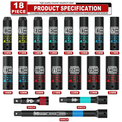 KIRXST Schlagschrauber Nüsse Set 1/2 Zoll, 18-teilig, 10–24 mm