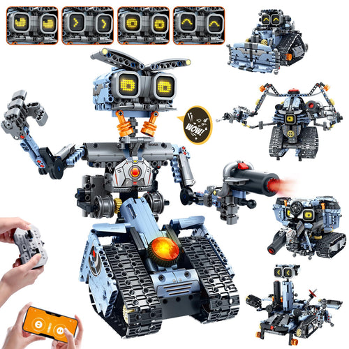 HiWEEGO Technik Roboter Bausatz 5-in-1 mit App, 699 Teile – silbergrauer Roboter mit LED-Augen