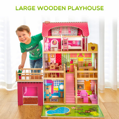 Kinderplay Puppenhaus Holz Villa 3 Etagen – Gross LED 90cm