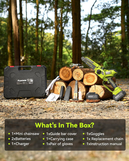 Supstable Akku Mini Kettensäge 1300W bürstenlos, 8 und 6 Zoll, 2 Akkus